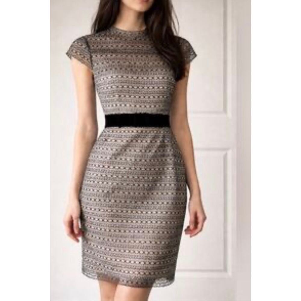 Milly black cream organza overlay velvet bow belt cap sleeve sheath mini dress 0